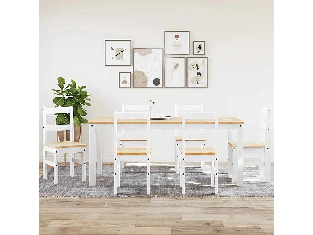 Set da pranzo Panama da 7 pezzi in legno massello di pino bianco