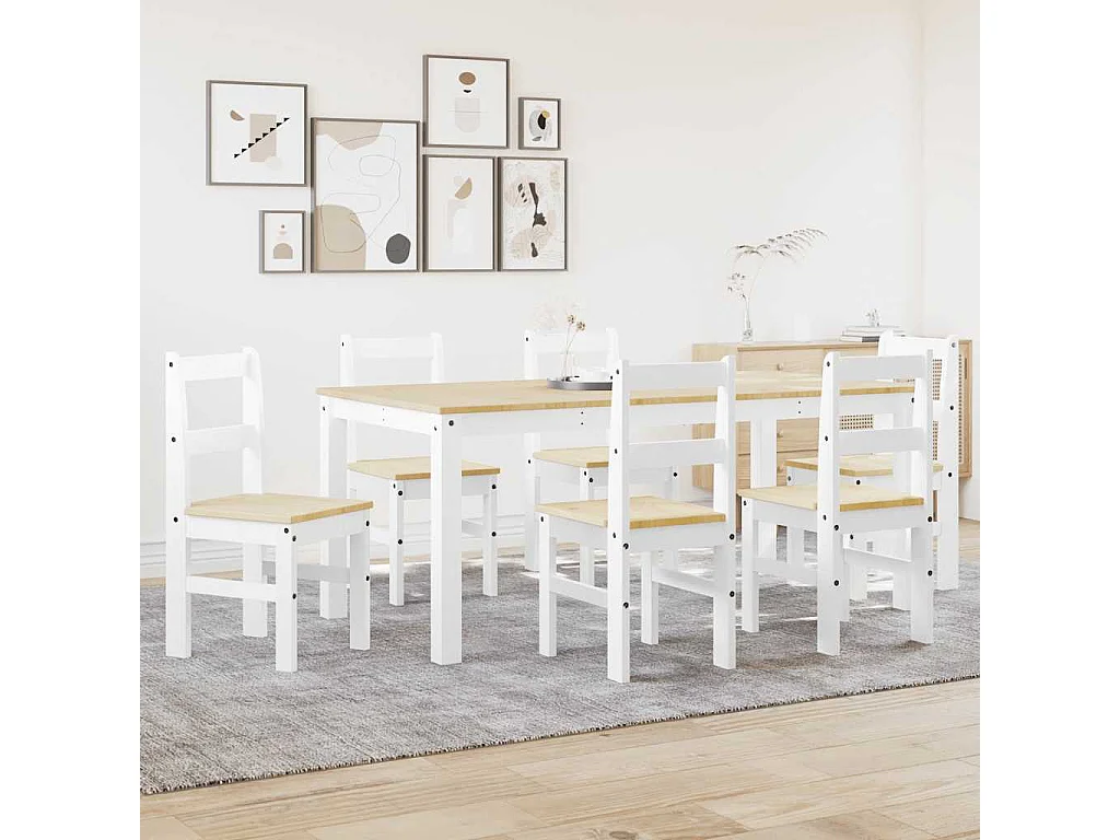 Set da pranzo Panama da 7 pezzi in legno massello di pino bianco