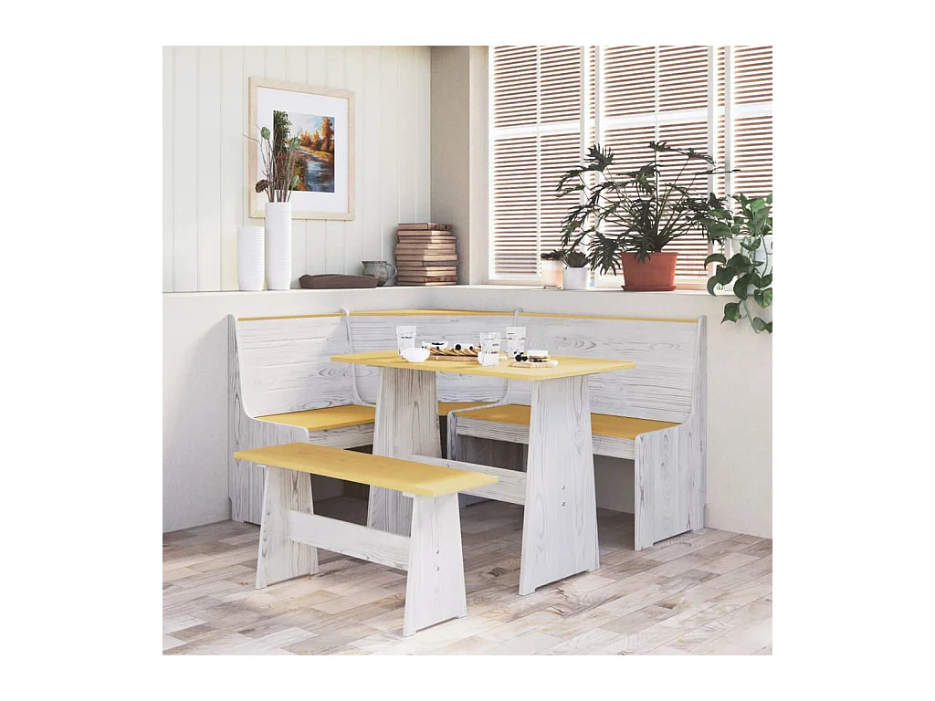 Juego de comedor REINE de 3 piezas en madera maciza de pino color marrón miel y blanco