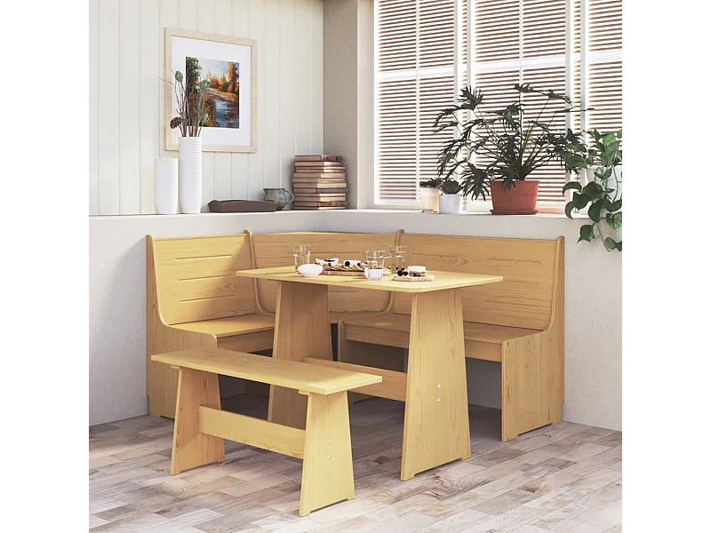 Juego de comedor REINE de 3 piezas en madera maciza de pino color marrón miel