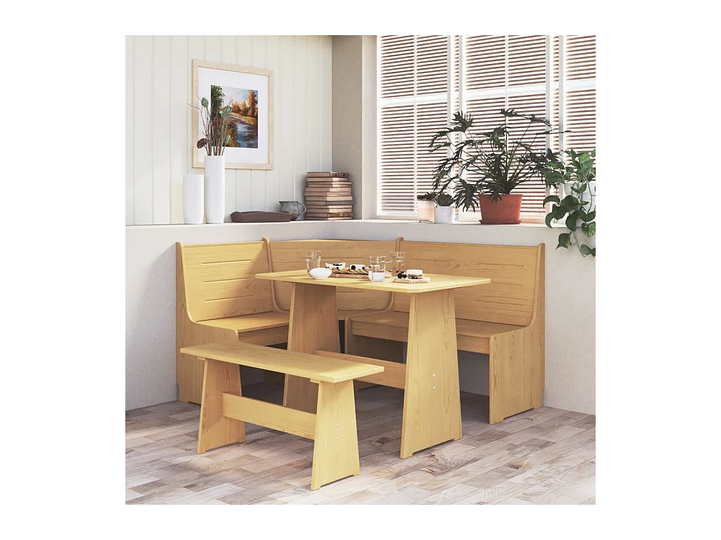 Juego de comedor REINE de 3 piezas en madera maciza de pino color marrón miel