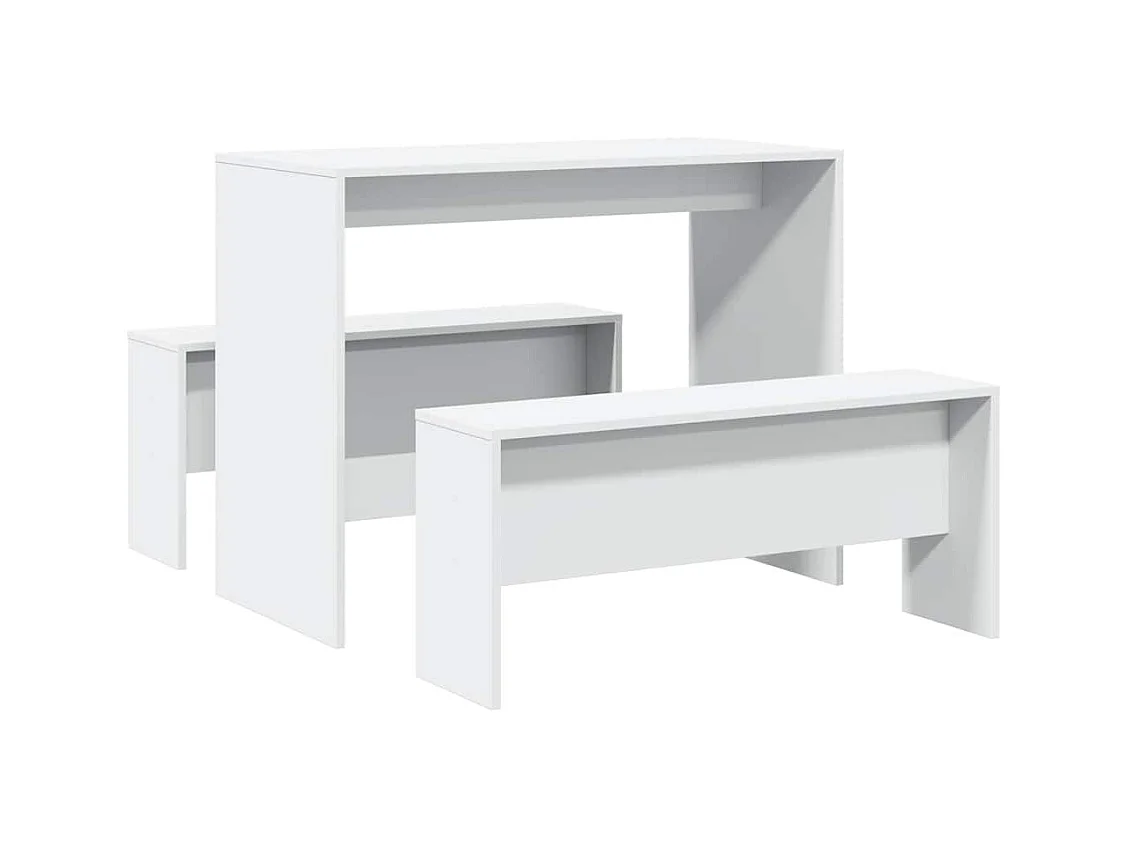 3-delige eettafel en bankenset van wit bewerkt hout