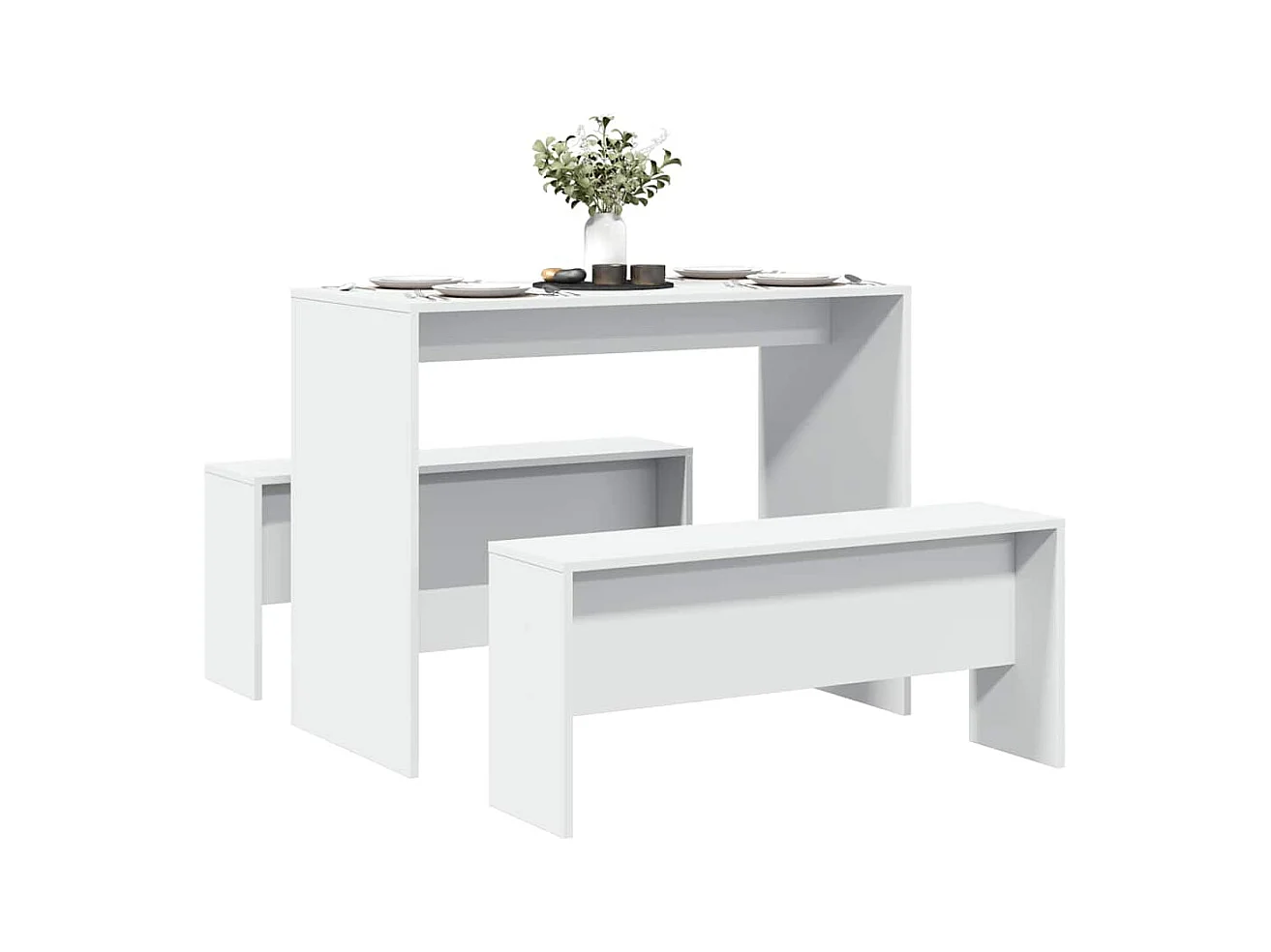 3-delige eettafel en bankenset van wit bewerkt hout