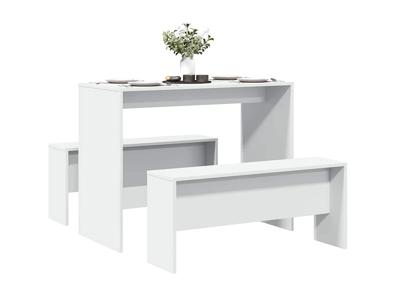 Set tavolo da pranzo e panca da 3 pezzi in legno ingegnerizzato bianco