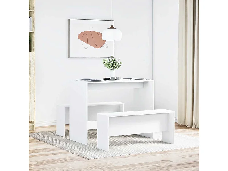 Set tavolo da pranzo e panca da 3 pezzi in legno ingegnerizzato bianco