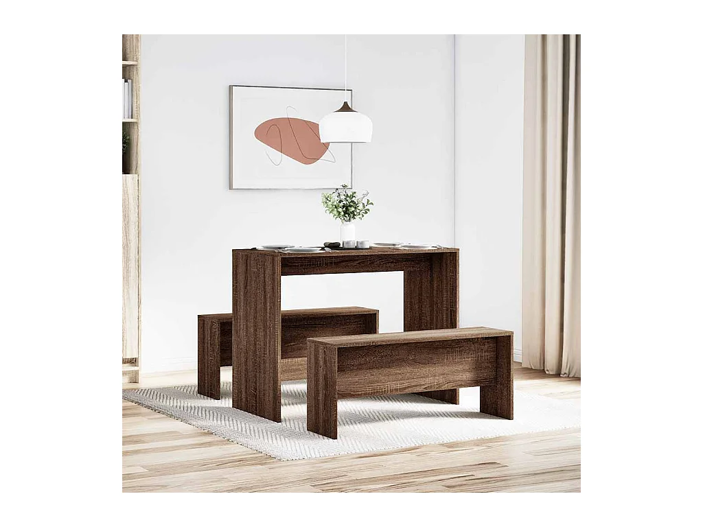 Juego de mesa de comedor y banco de madera de ingeniería de 3 piezas