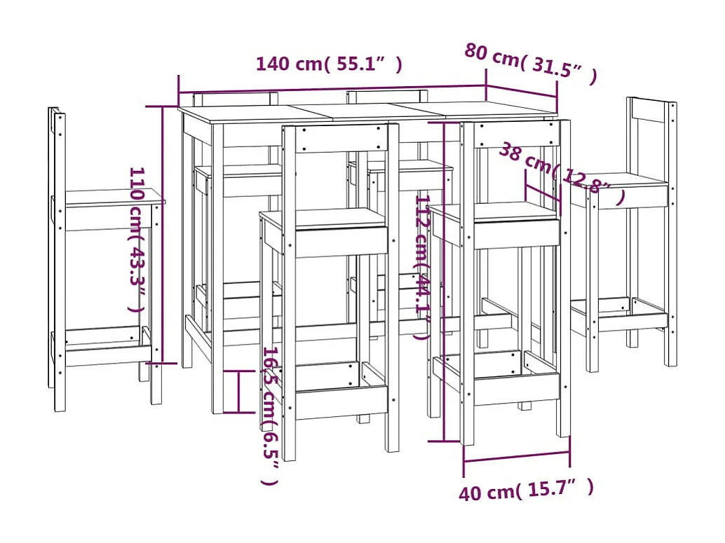 Ensemble de bar 7 pcs Bois de pin massif