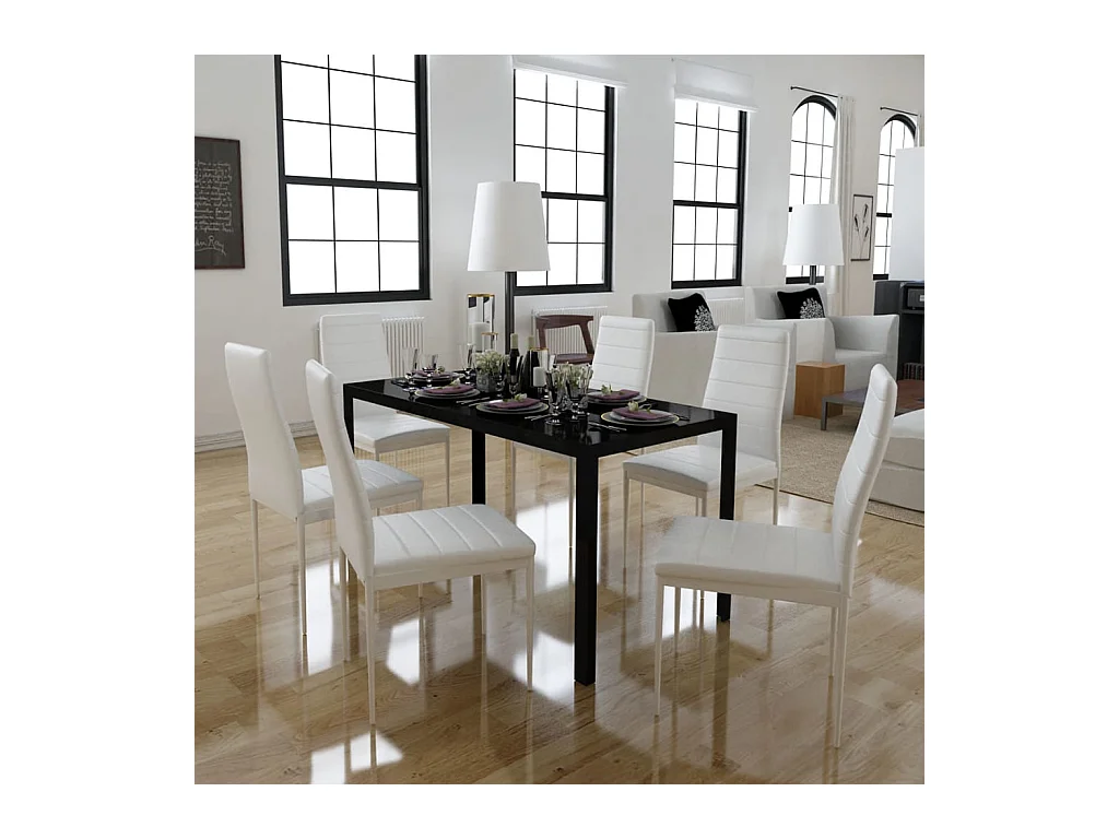 Juego de mesa de comedor de siete piezas en blanco y negro