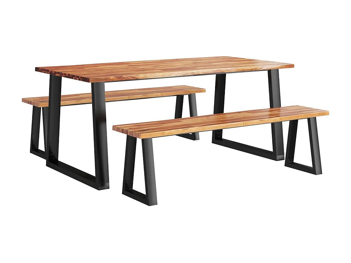 Set da pranzo da 3 pezzi con bordo vivo in legno massello di acacia