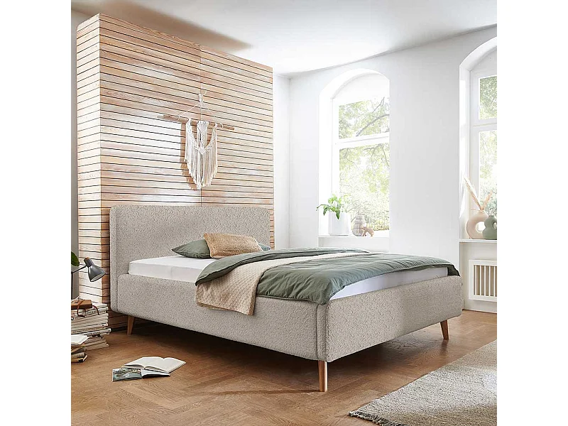 Stauraumbett Polster Beige mit Vierfußgestell aus Holz Eichefarben