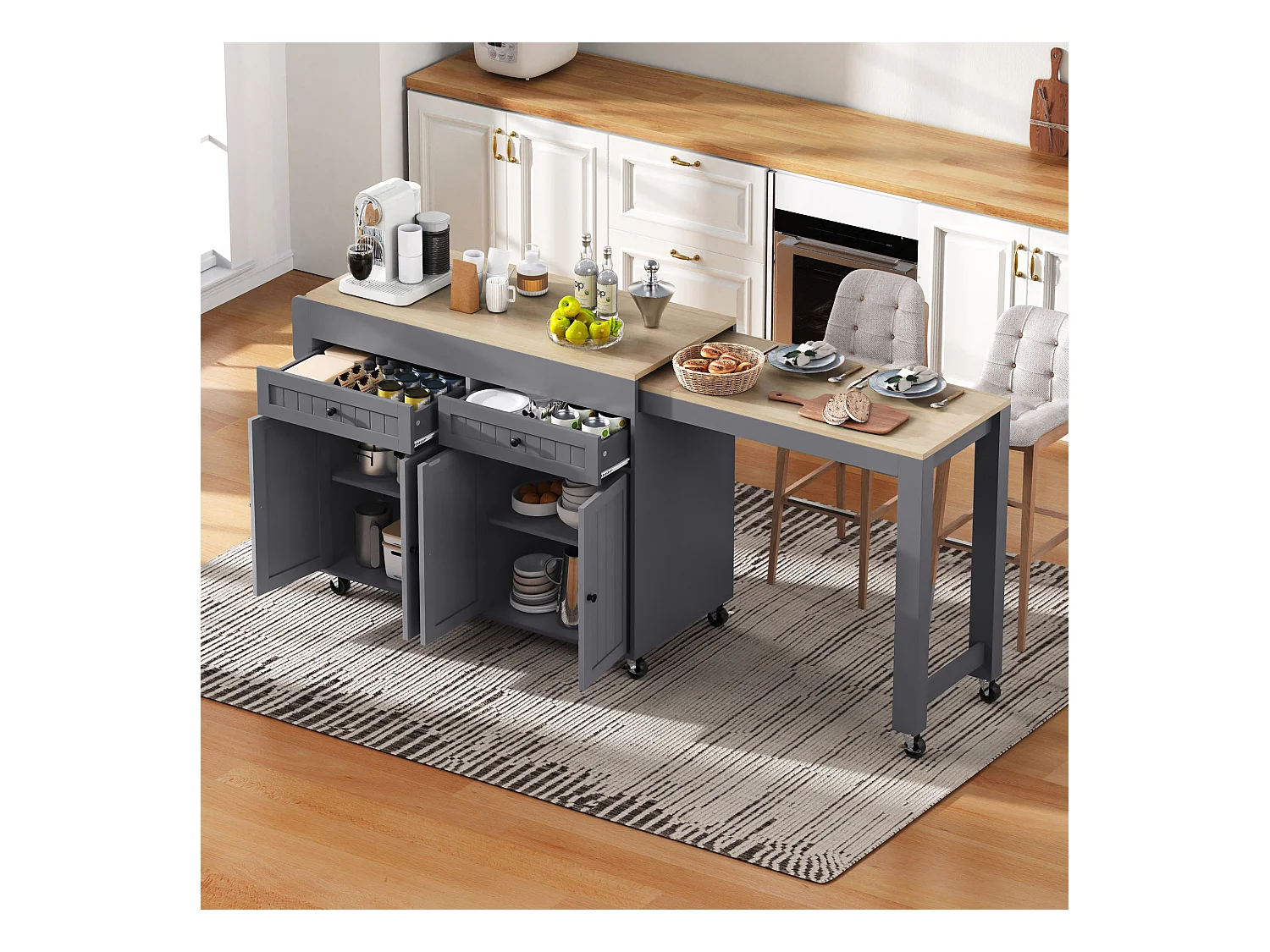 Îlot de cuisine mobile avec plan de travail extensible, avec tiroirs et roulettes(Gris+Nature) (180.5x45x92.2 cm)