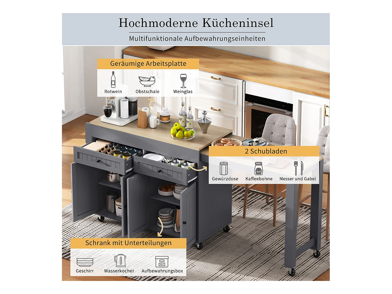 Îlot de cuisine mobile avec plan de travail extensible, avec tiroirs et roulettes(Gris+Nature) (180.5x45x92.2 cm)