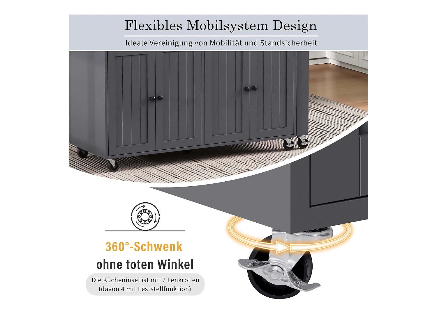 Îlot de cuisine mobile avec plan de travail extensible, avec tiroirs et roulettes(Gris+Nature) (180.5x45x92.2 cm)