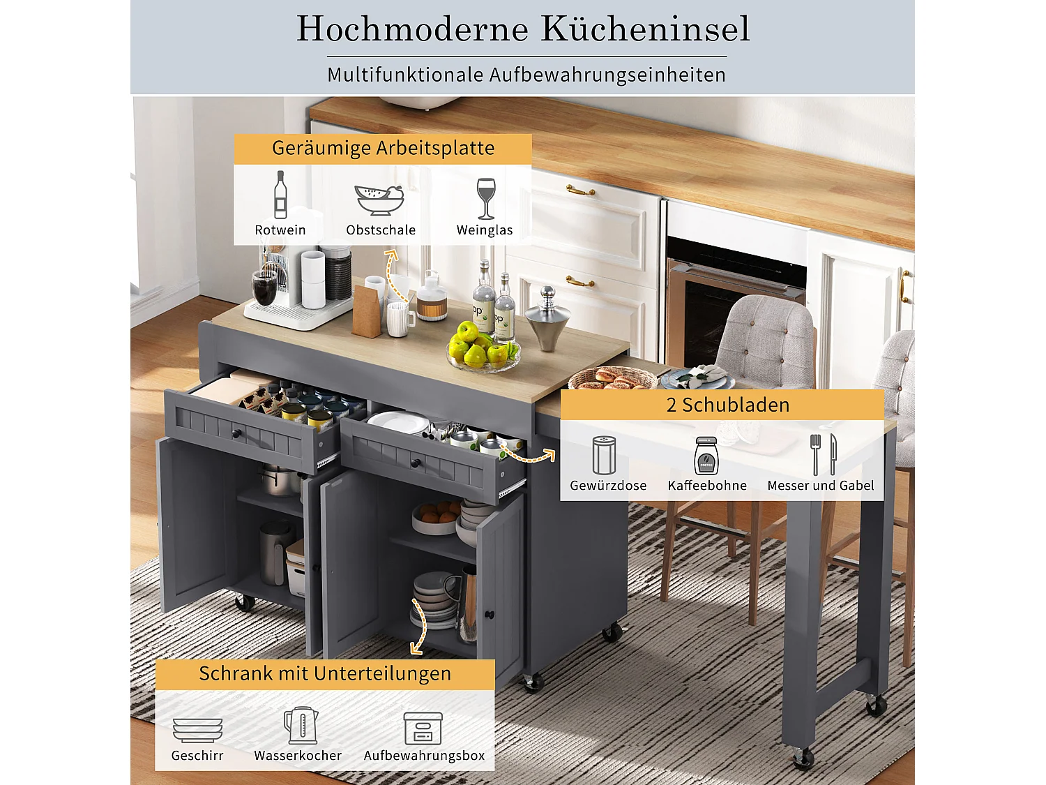 Îlot de cuisine mobile avec plan de travail extensible, avec tiroirs et roulettes(Gris+Nature) (180.5x45x92.2 cm)