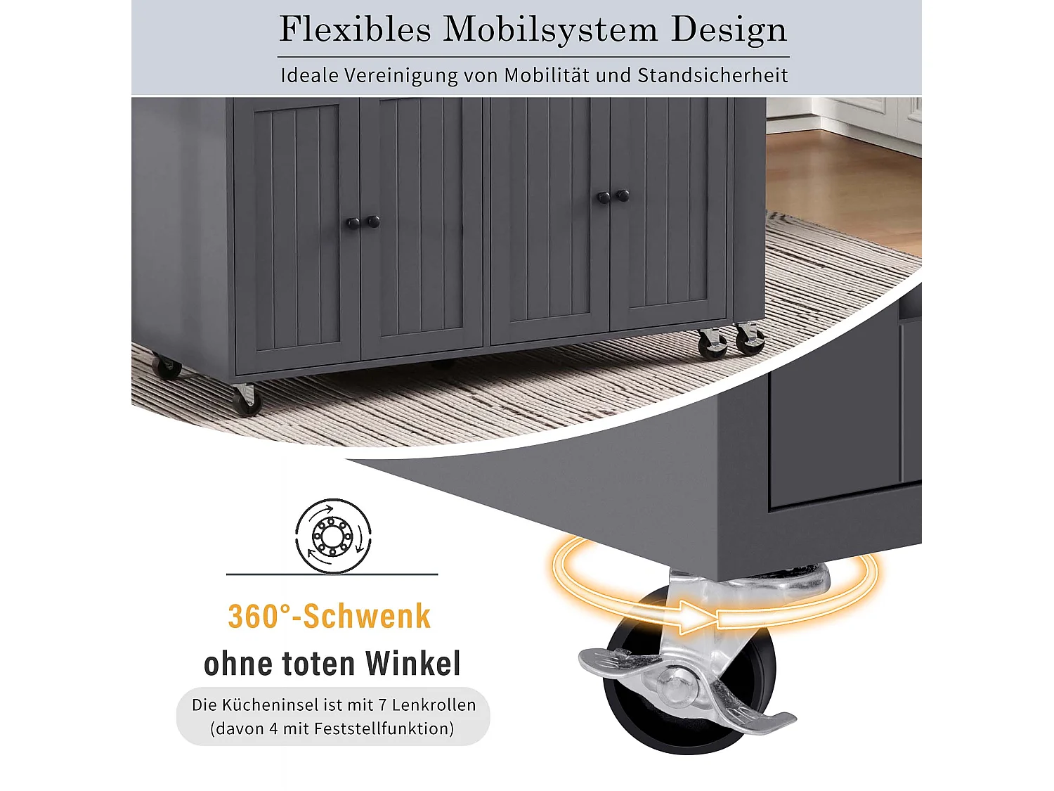 Îlot de cuisine mobile avec plan de travail extensible, avec tiroirs et roulettes(Gris+Nature) (180.5x45x92.2 cm)