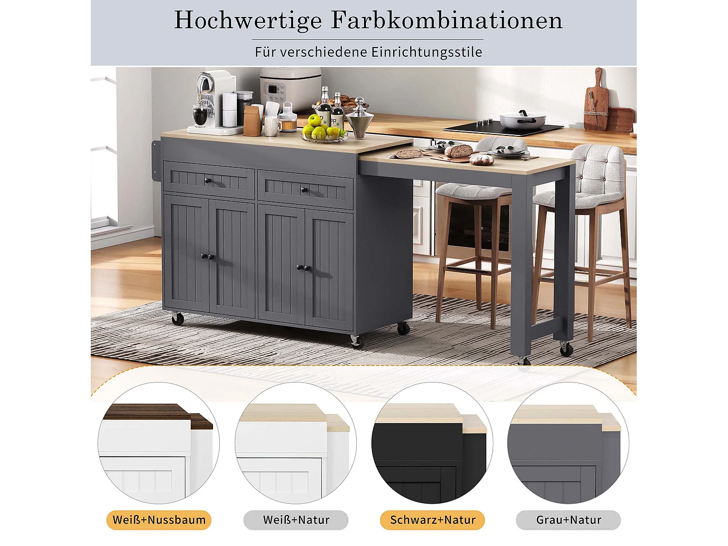 Îlot de cuisine mobile avec plan de travail extensible, avec tiroirs et roulettes(Gris+Nature) (180.5x45x92.2 cm)