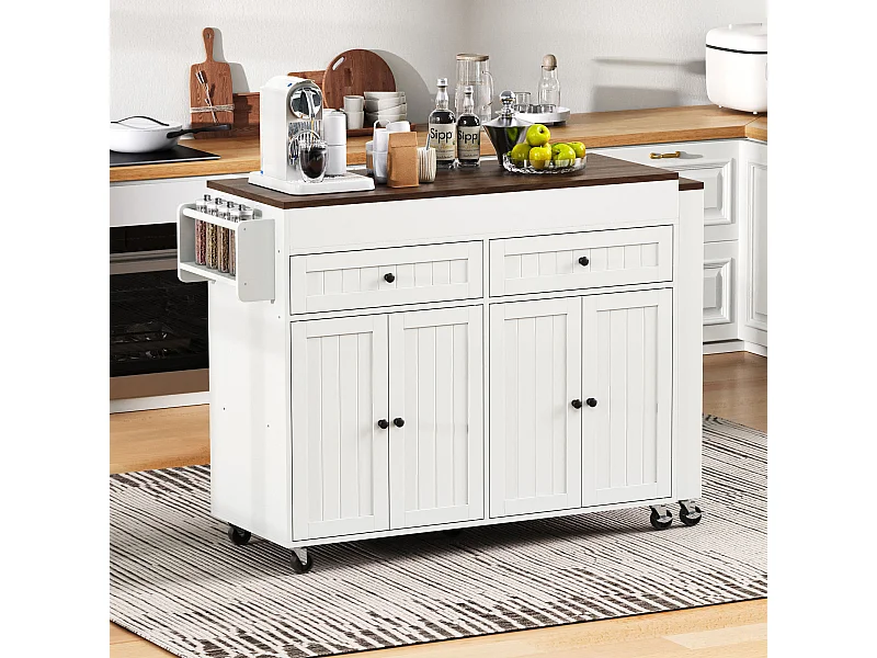 Îlot de cuisine mobile avec plan de travail extensible et tiroirs, design pratique, MDF, blanc et noyer (180.5x45x92.2 cm)