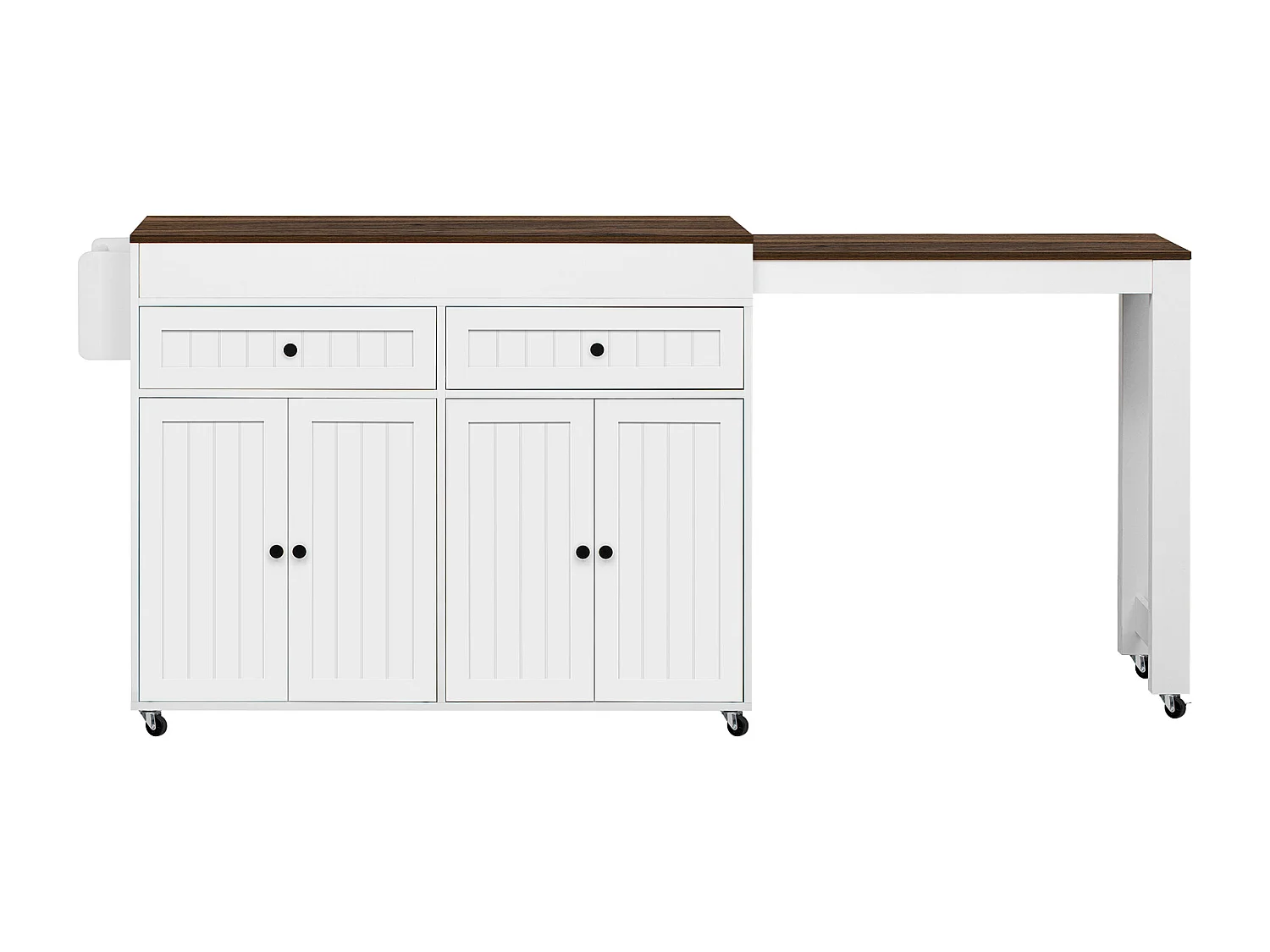 Îlot de cuisine mobile avec plan de travail extensible et tiroirs, design pratique, MDF, blanc et noyer (180.5x45x92.2 cm)