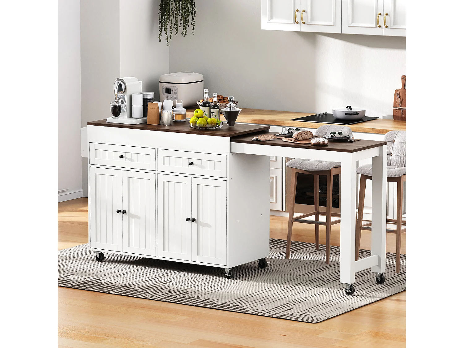 Îlot de cuisine mobile avec plan de travail extensible et tiroirs, design pratique, MDF, blanc et noyer (180.5x45x92.2 cm)