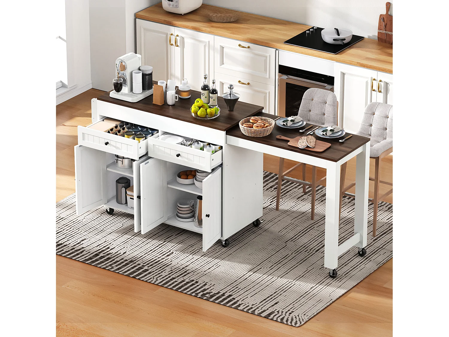 Îlot de cuisine mobile avec plan de travail extensible et tiroirs, design pratique, MDF, blanc et noyer (180.5x45x92.2 cm)