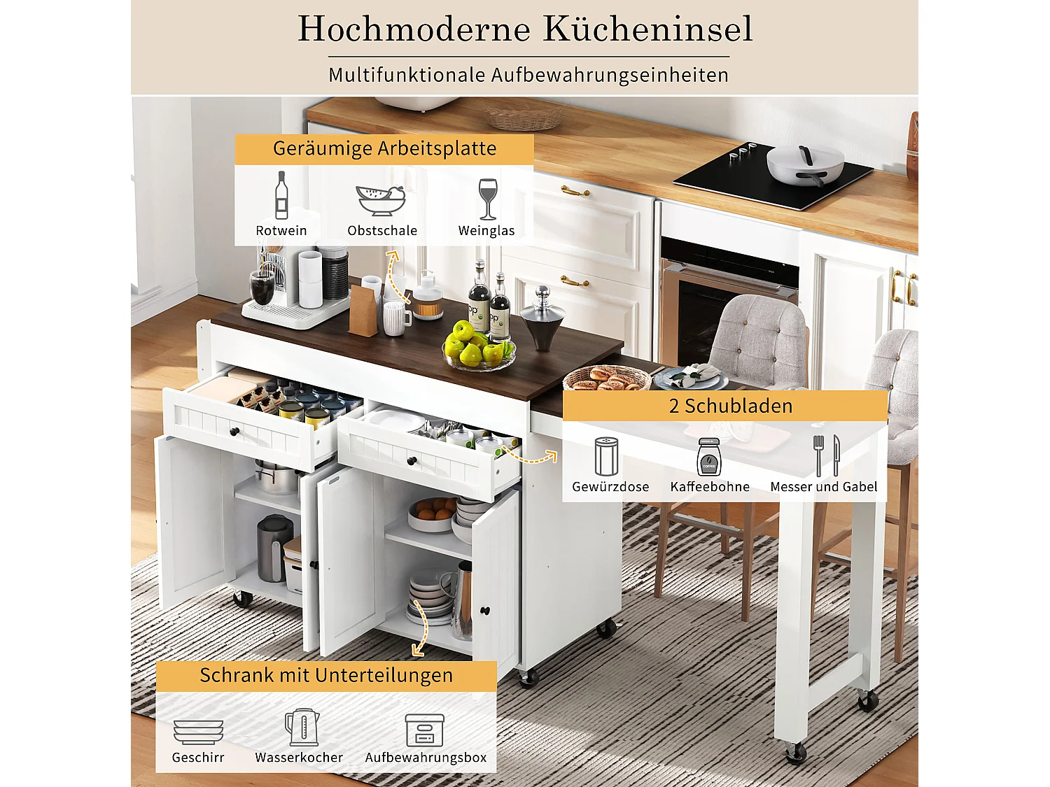 Îlot de cuisine mobile avec plan de travail extensible et tiroirs, design pratique, MDF, blanc et noyer (180.5x45x92.2 cm)