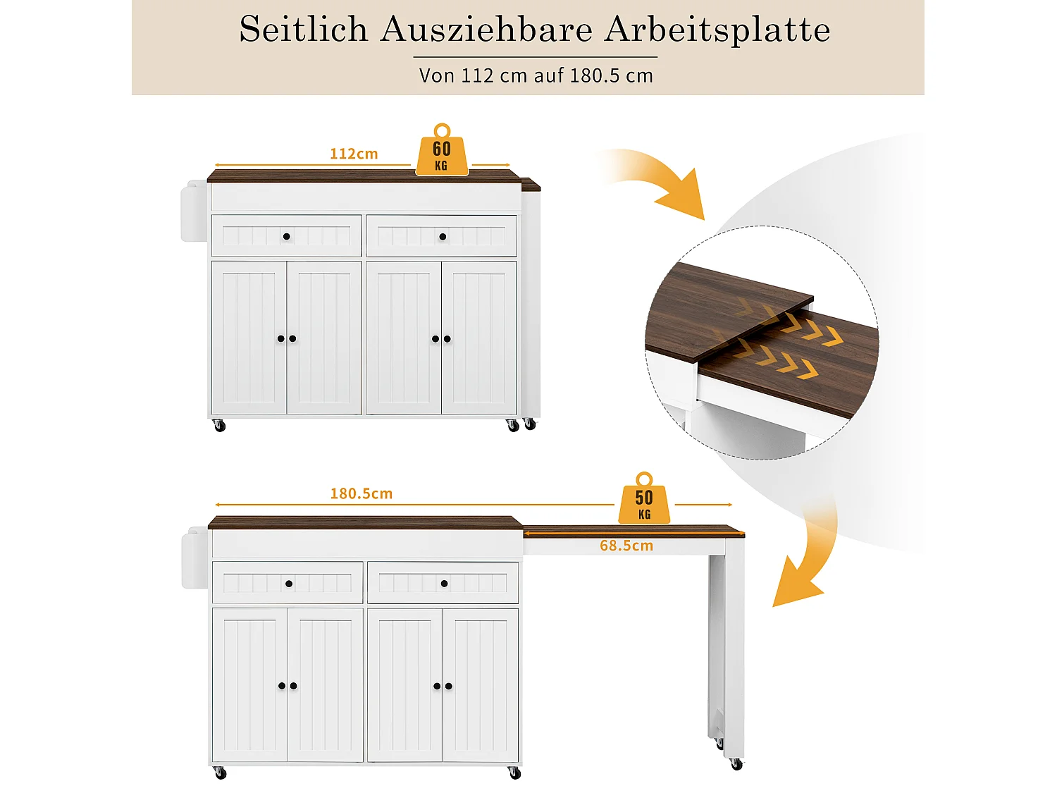 Îlot de cuisine mobile avec plan de travail extensible et tiroirs, design pratique, MDF, blanc et noyer (180.5x45x92.2 cm)