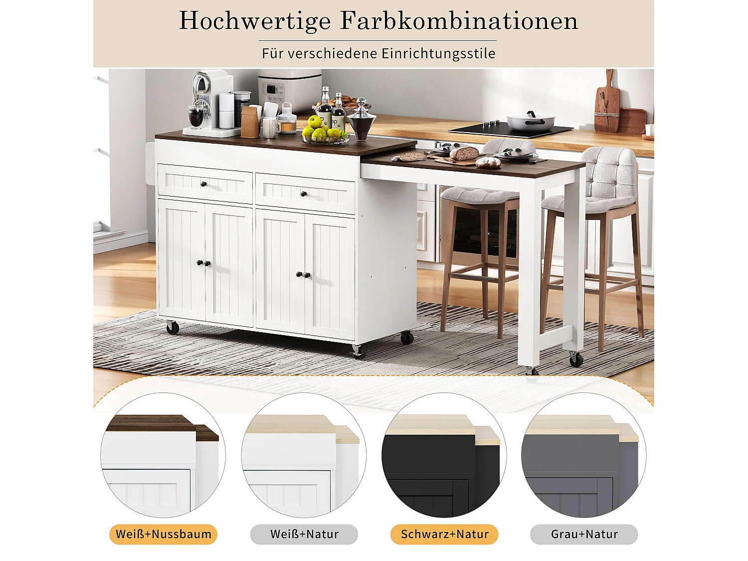 Îlot de cuisine mobile avec plan de travail extensible et tiroirs, design pratique, MDF, blanc et noyer (180.5x45x92.2 cm)