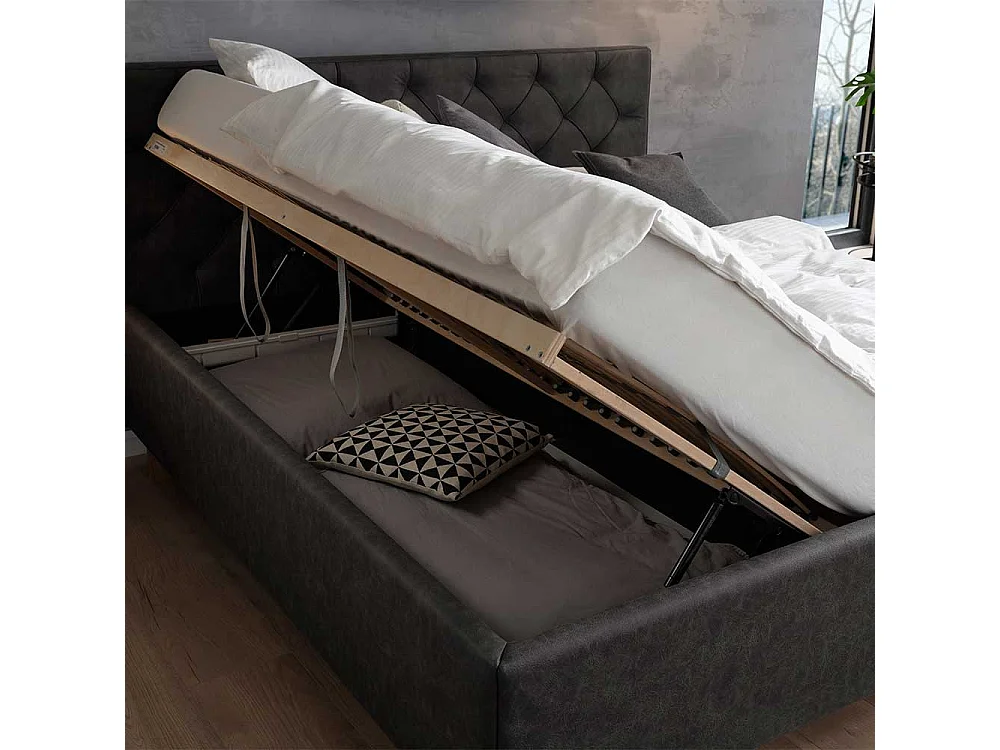 Polster Stauraumbett in Anthrazit Vierfußgestell aus Eiche