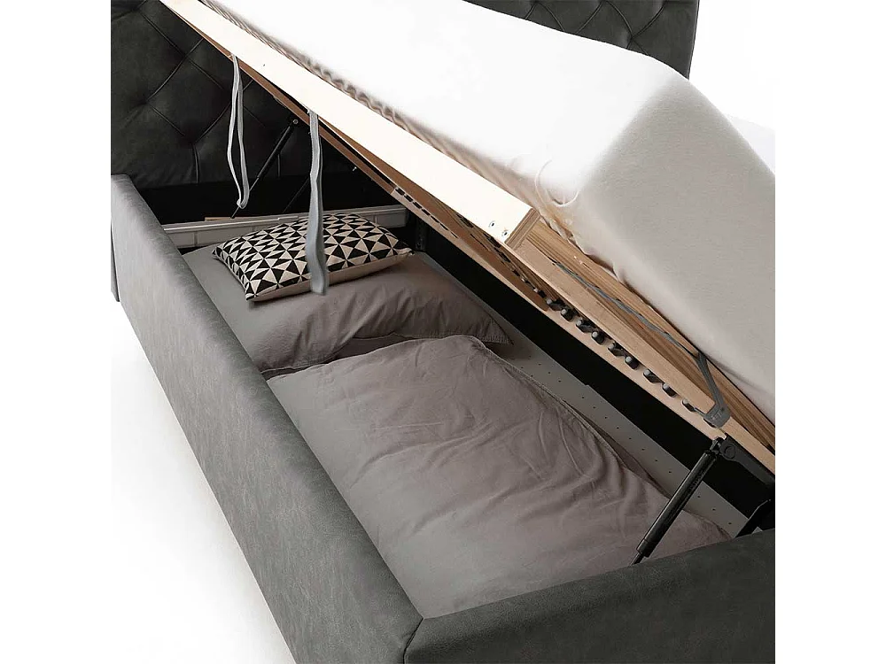 Polster Stauraumbett in Anthrazit Vierfußgestell aus Eiche