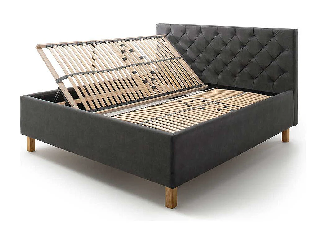 Polster Stauraumbett in Anthrazit Vierfußgestell aus Eiche