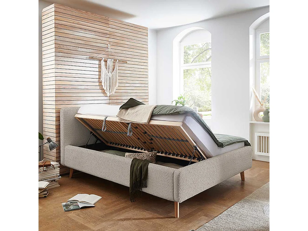 Stauraumbett Polster Beige mit Vierfußgestell aus Holz Eichefarben