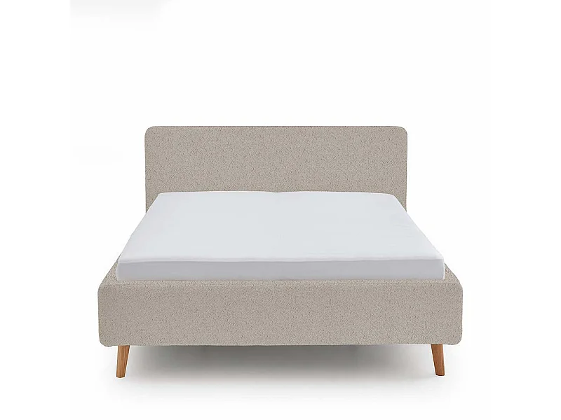 Stauraumbett Polster Beige mit Vierfußgestell aus Holz Eichefarben