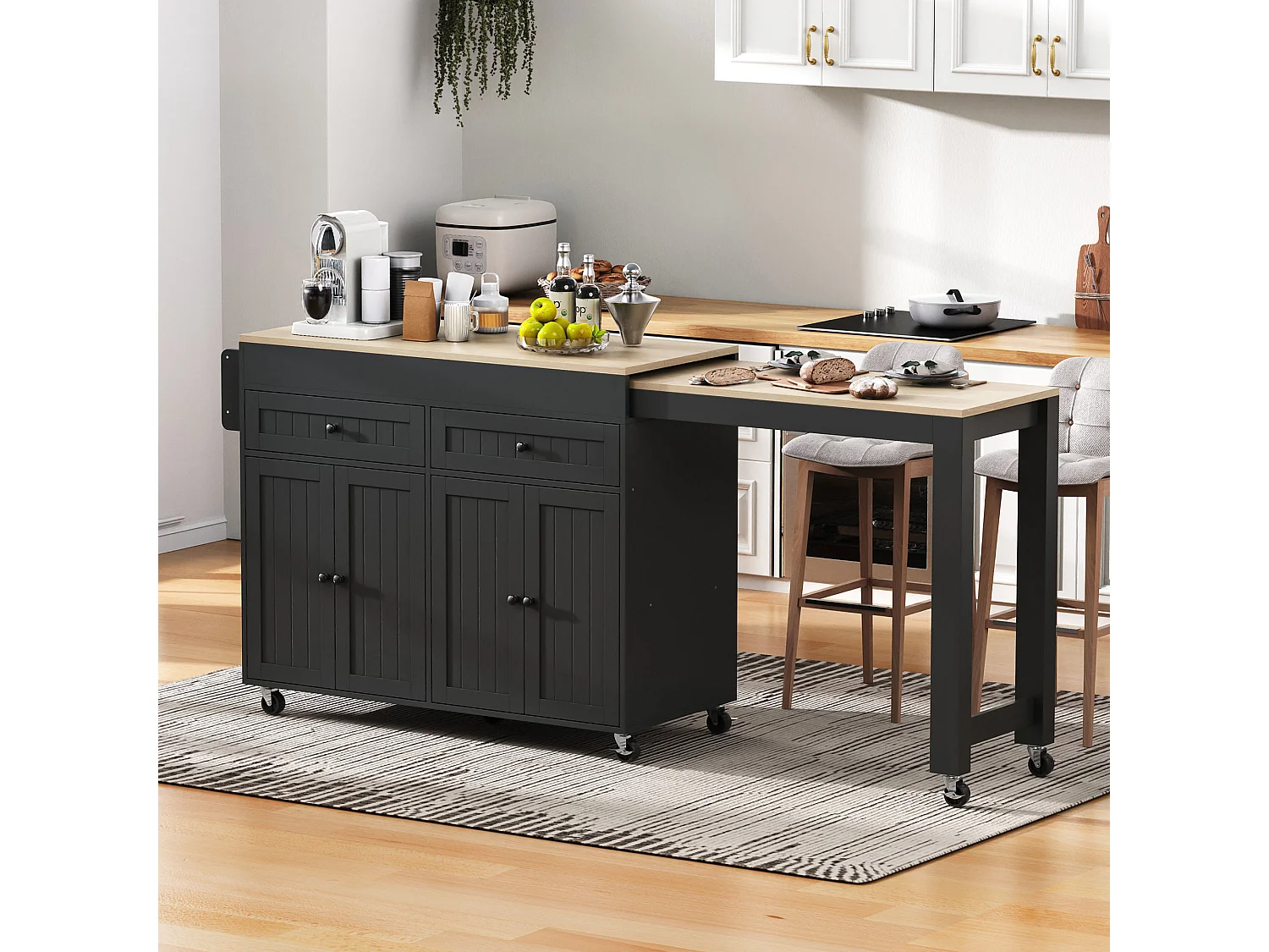 Îlot de cuisine mobile avec plan de travail extensible et tiroirs, MDF, noir et naturel (180.5x45x92.2 cm)