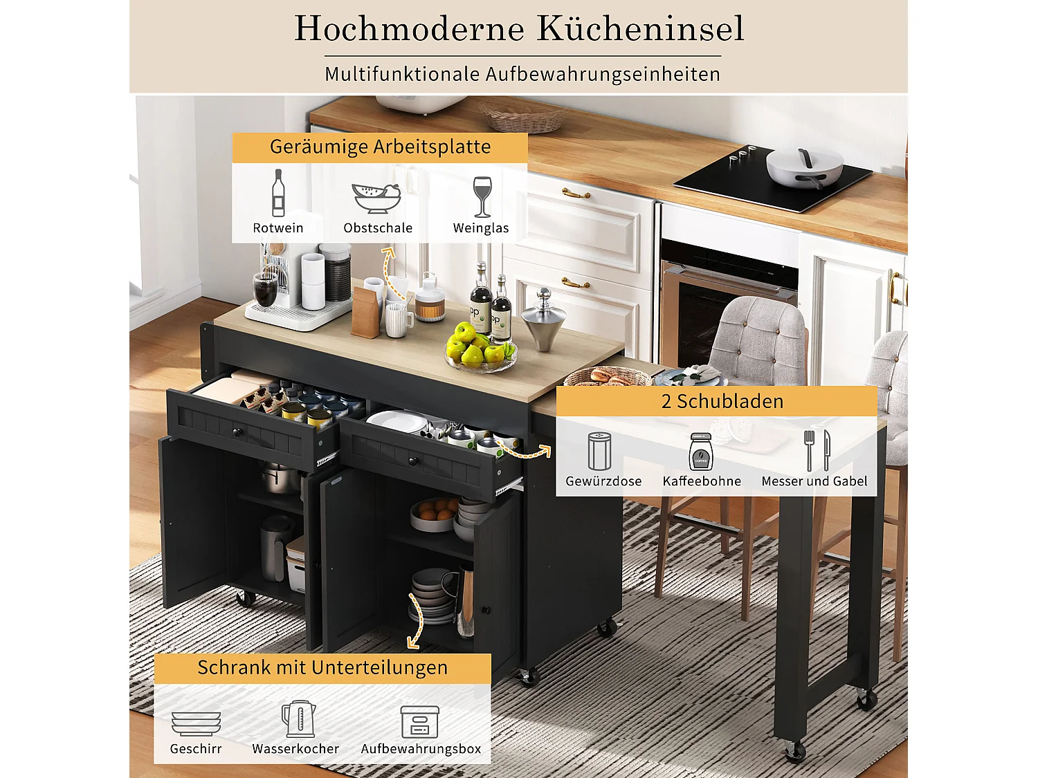 Îlot de cuisine mobile avec plan de travail extensible et tiroirs, MDF, noir et naturel (180.5x45x92.2 cm)