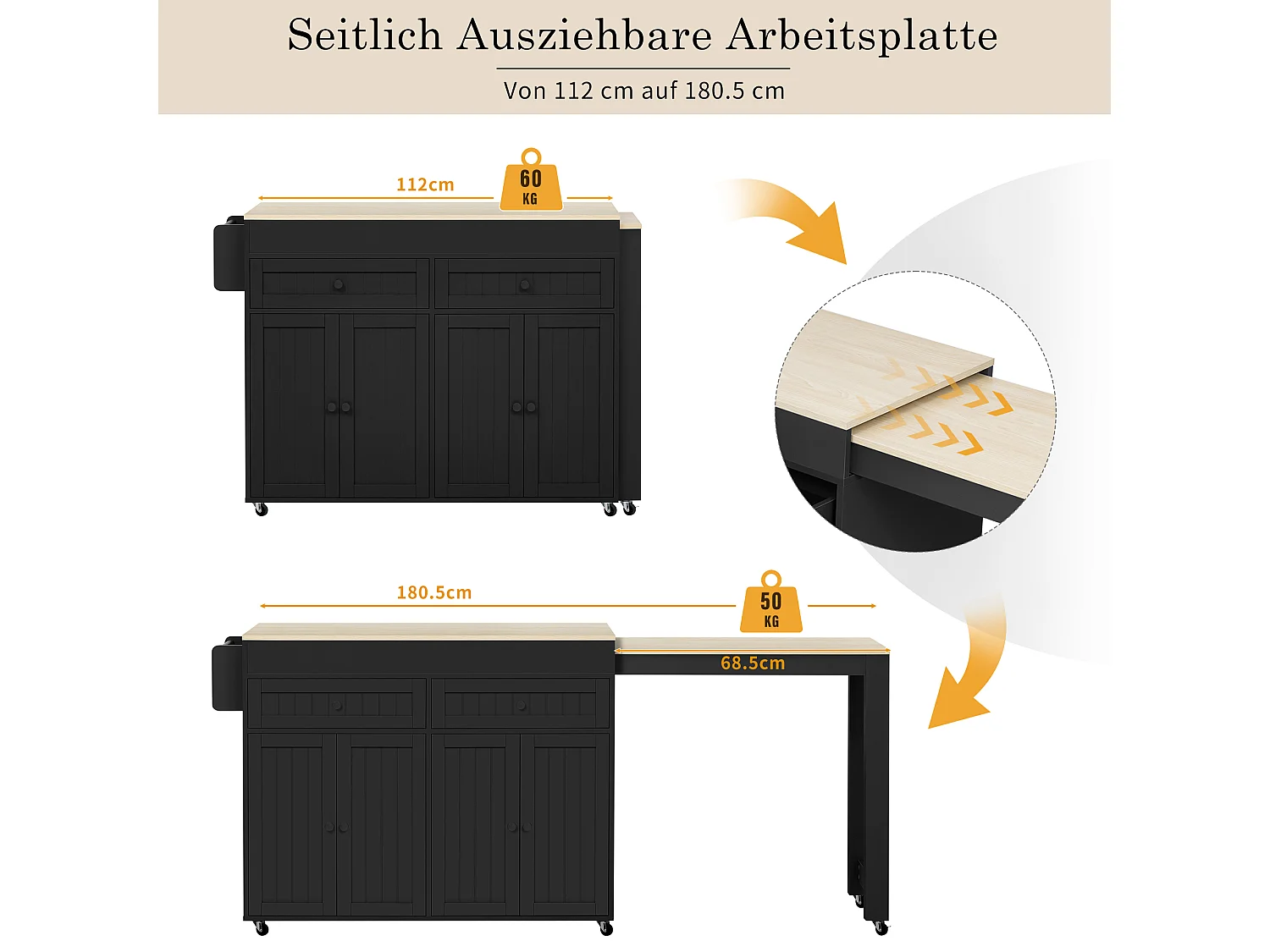 Îlot de cuisine mobile avec plan de travail extensible et tiroirs, MDF, noir et naturel (180.5x45x92.2 cm)