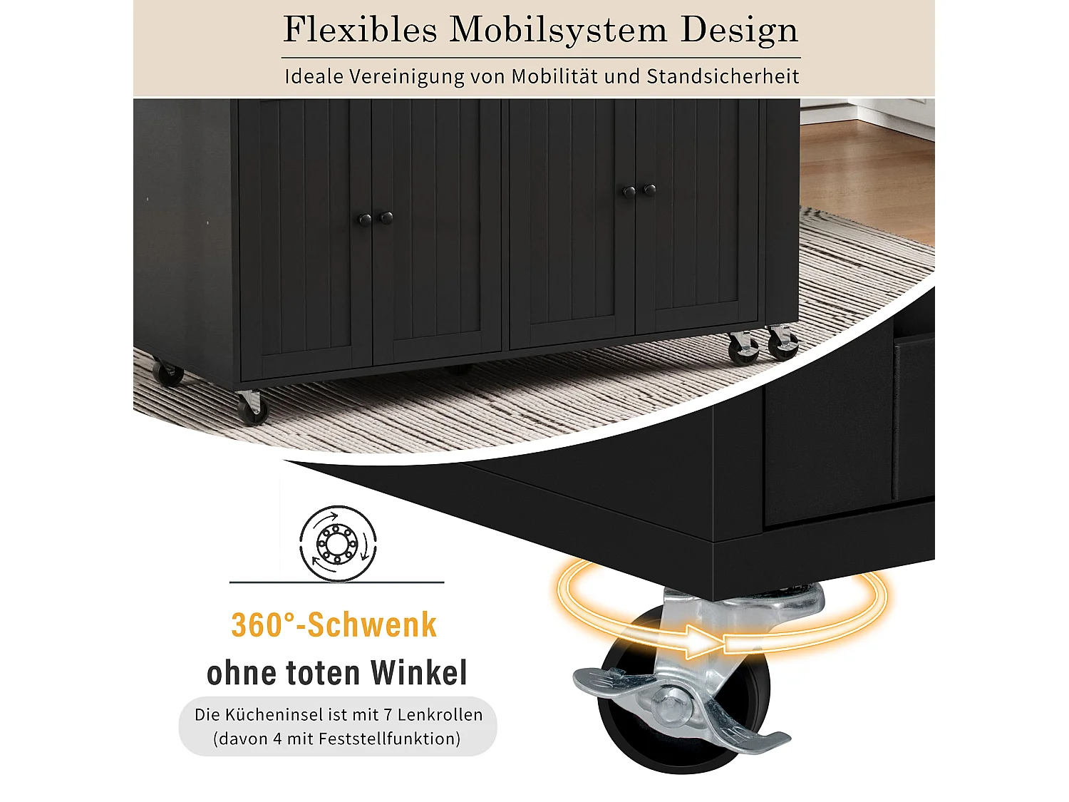 Îlot de cuisine mobile avec plan de travail extensible et tiroirs, MDF, noir et naturel (180.5x45x92.2 cm)