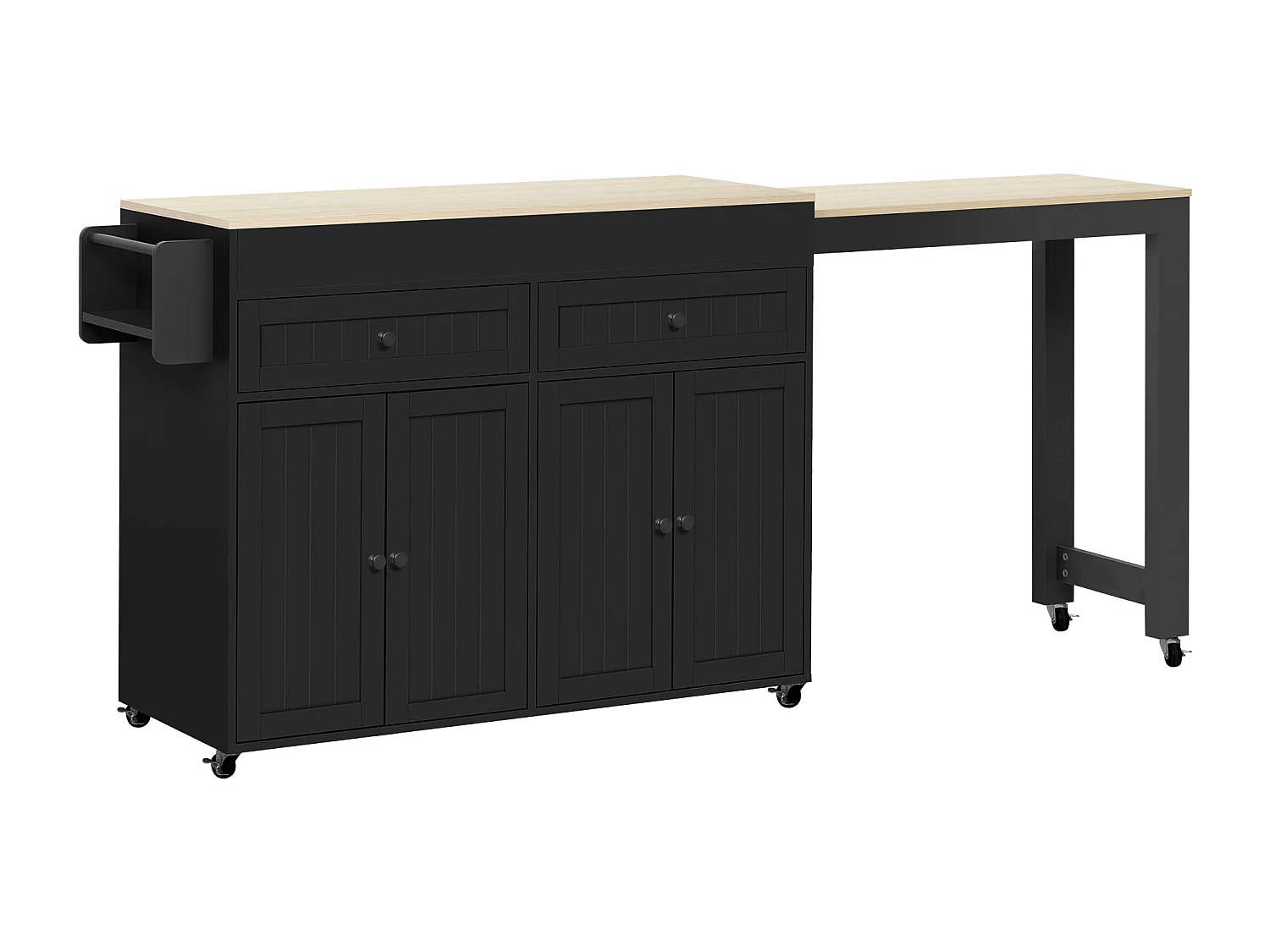 Îlot de cuisine mobile avec plan de travail extensible et tiroirs, MDF, noir et naturel (180.5x45x92.2 cm)