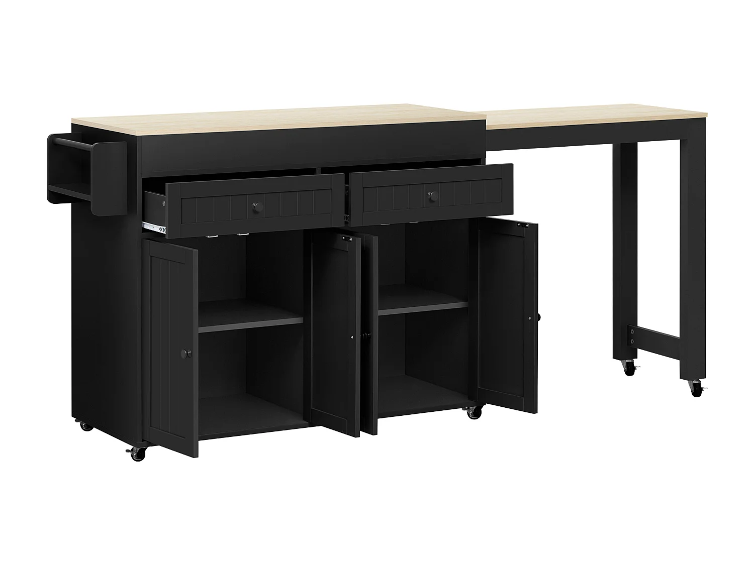 Îlot de cuisine mobile avec plan de travail extensible et tiroirs, MDF, noir et naturel (180.5x45x92.2 cm)