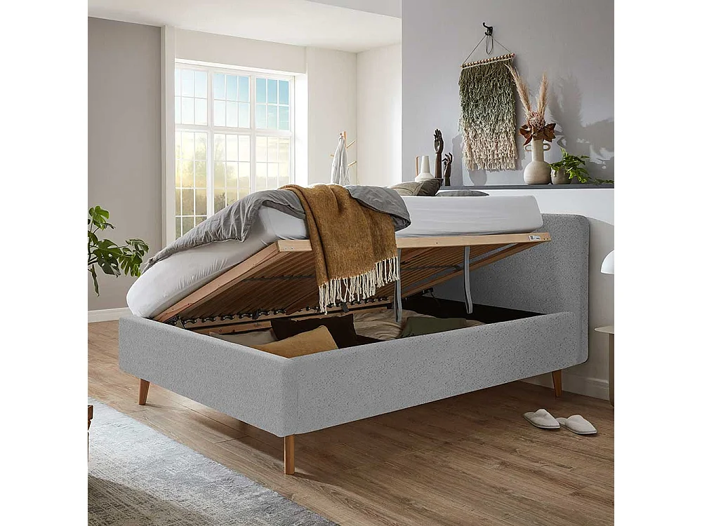 Stauraumbett Polster Grau mit Vierfußgestell aus Holz Eichefarben