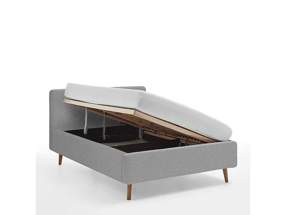 Stauraumbett Polster Grau mit Vierfußgestell aus Holz Eichefarben