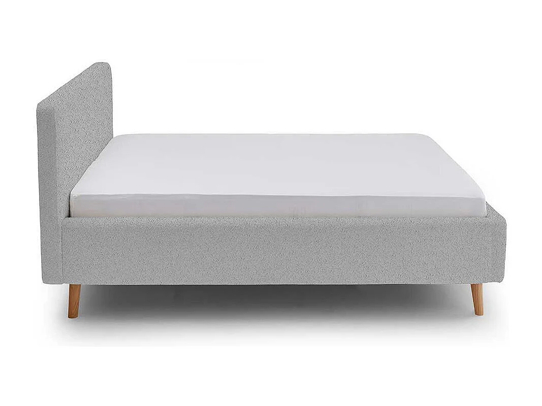 Stauraumbett Polster Grau mit Vierfußgestell aus Holz Eichefarben