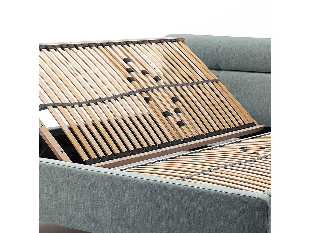 Stauraumbett in Hellblau Webstoff modern