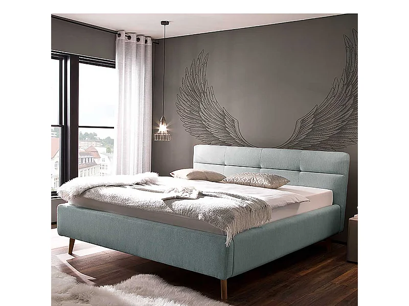 Stauraumbett in Hellblau Webstoff modern