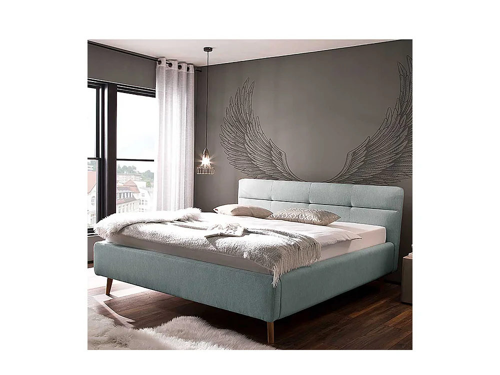 Stauraumbett in Hellblau Webstoff modern