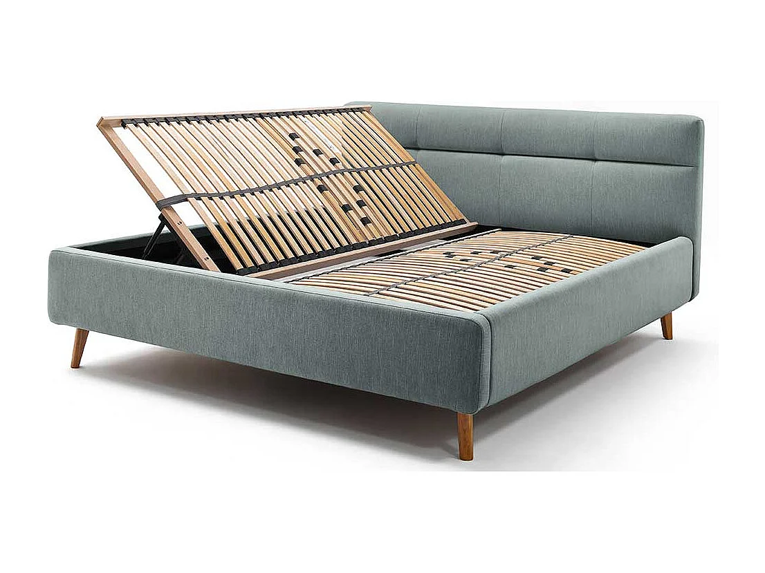 Stauraumbett in Hellblau Webstoff modern