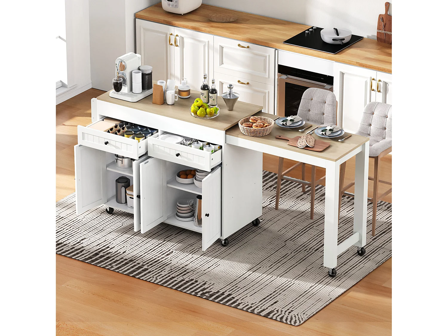 Îlot de cuisine mobile avec plan de travail extensible, tiroirs, MDF, blanc et naturel (180.5x45x92.2 cm)