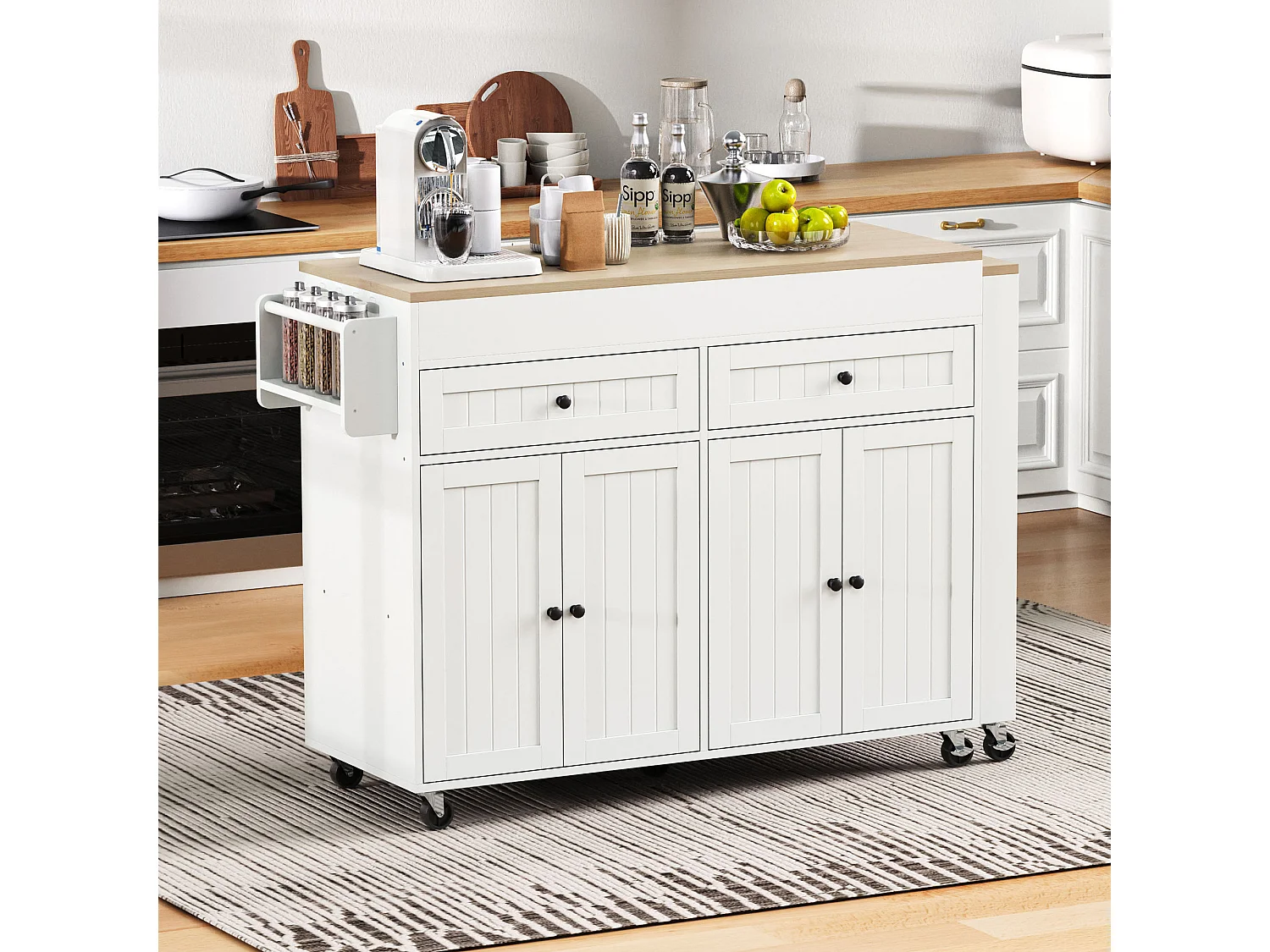 Îlot de cuisine mobile avec plan de travail extensible, tiroirs, MDF, blanc et naturel (180.5x45x92.2 cm)