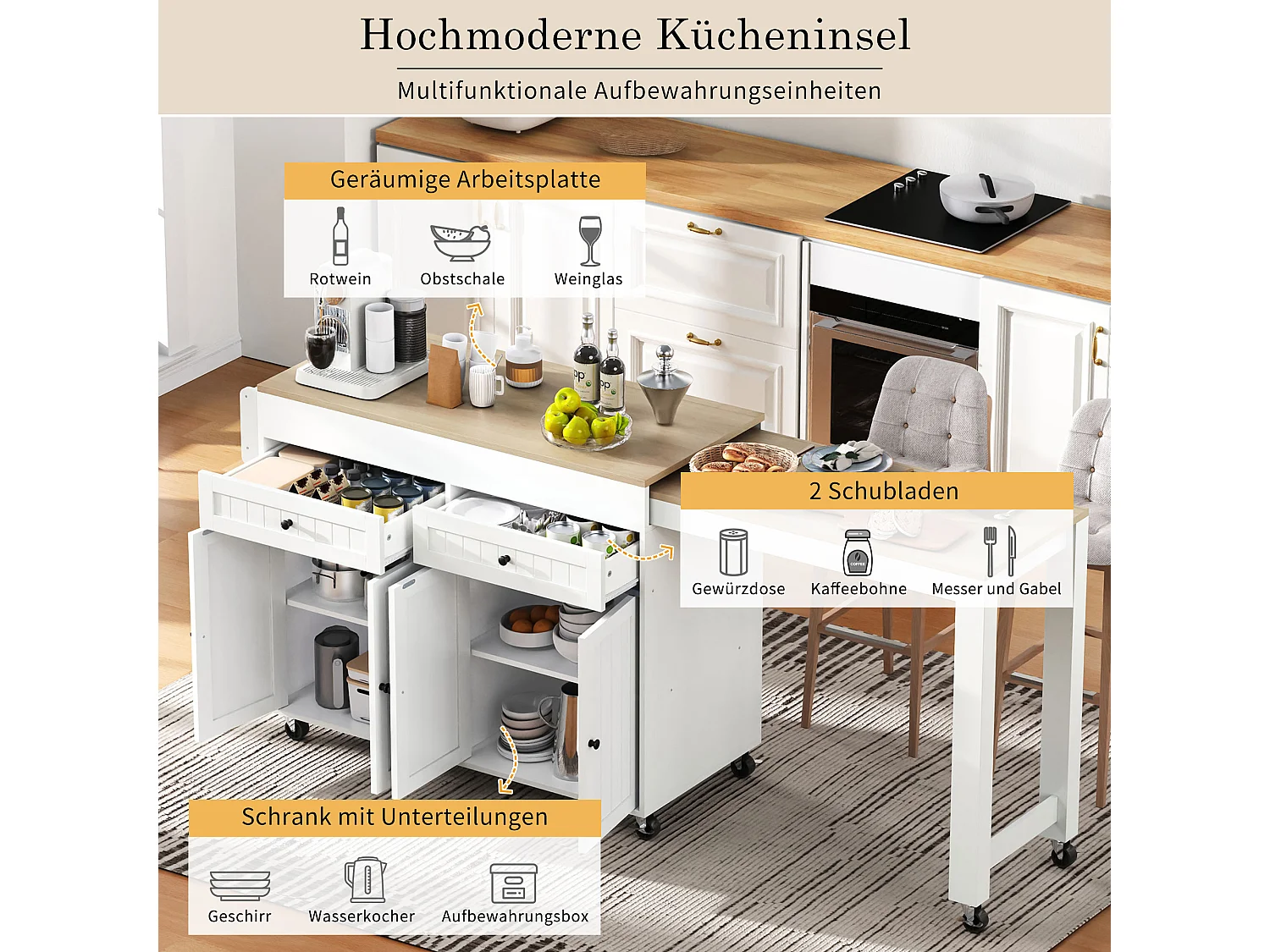 Îlot de cuisine mobile avec plan de travail extensible, tiroirs, MDF, blanc et naturel (180.5x45x92.2 cm)