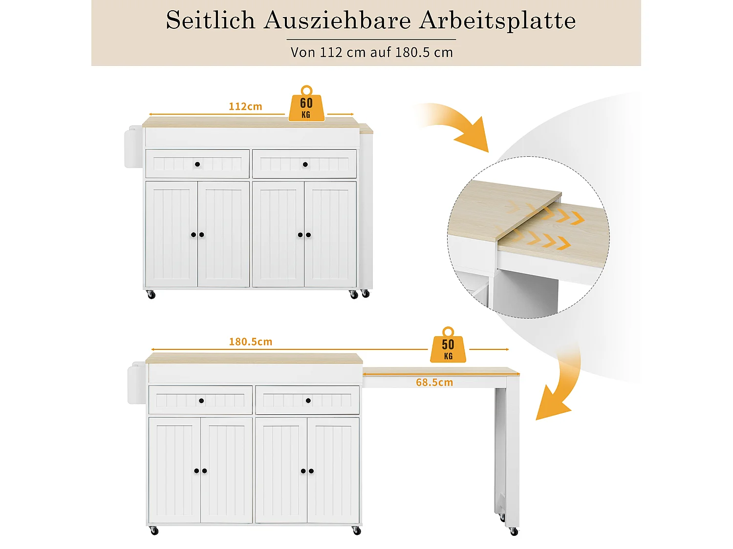 Îlot de cuisine mobile avec plan de travail extensible, tiroirs, MDF, blanc et naturel (180.5x45x92.2 cm)