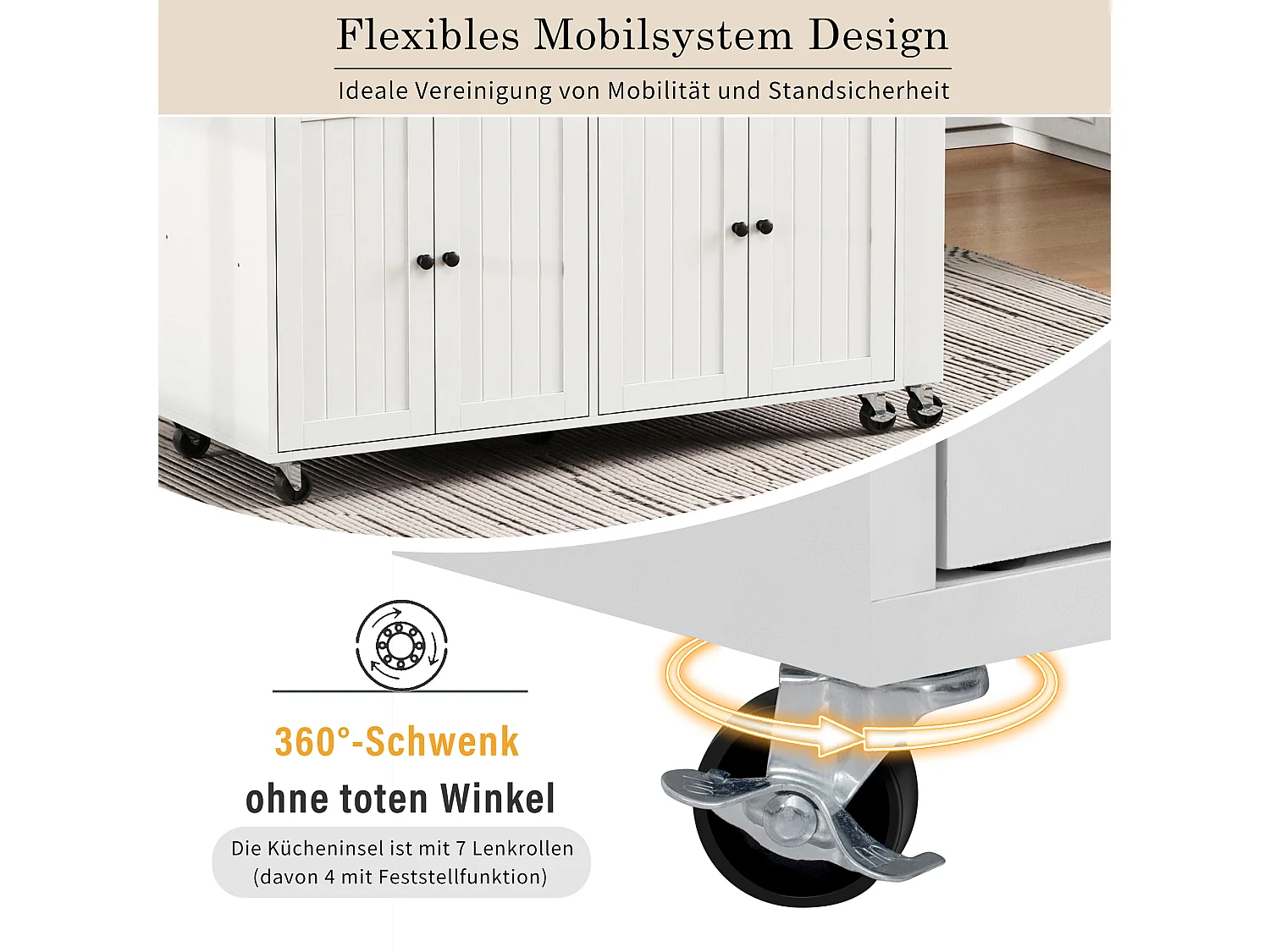 Îlot de cuisine mobile avec plan de travail extensible, tiroirs, MDF, blanc et naturel (180.5x45x92.2 cm)